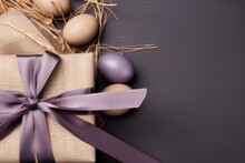 Chocolate Easter Eggs With Gift Box On Wooden Background. Holiday Banner, Postcard