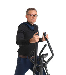 Poster - Mature businessman on exercising bike against white background