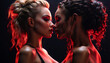 Two hot lesbians a blonde and a black girl kiss.