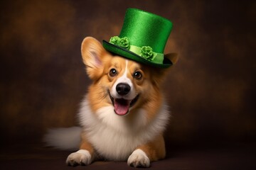 portrait of a corgi dog wearing a small green hat for St. Patrick's day. The background is dark brown. There is copy space on his side.