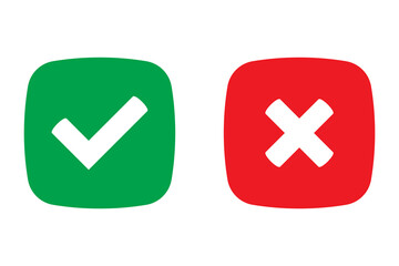 Wall Mural - Green tick and red cross checkmarks in flat icons. Yes or no symbol, approved or rejected icon for user interface.