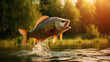 Fishing trophy - a large freshwater carp in water splashing in the rays of the rising sun on a green background of nature.