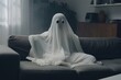 A ghost sitting on a couch in a living room. Suitable for Halloween-themed designs or spooky concepts