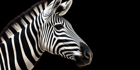 Poster - A close up view of a zebra's head against a black background. Suitable for wildlife, nature, and animal-themed designs