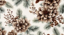 Floral And Natural Pattern Featuring Flowers And Pine Cones On A White Background. Suitable For Various Design Projects