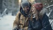 © Fotograf - A picture of a man and a woman sitting on a bench in the snow. This image can be used to depict a winter scene or a romantic moment in a snowy setting