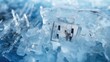 A close-up photograph of a clock frozen in a block of ice. Perfect for illustrating the concept of time freezing or the passage of time being halted.