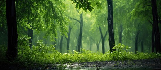 Wall Mural - beautiful heavy summer rain forest scene with green trees and raining. copy space image. place for a