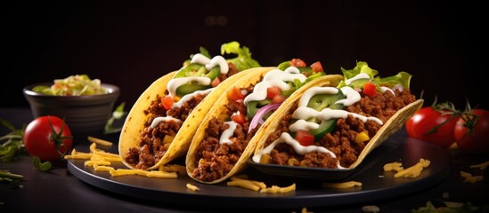 Wall Mural - beef tacos served with golden French fries. Copy space image. Place for adding text or design
