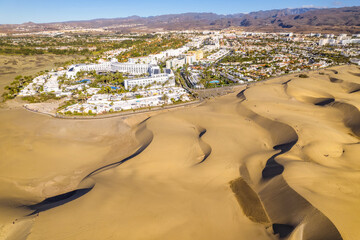Aerial view of the famous Maspalomas dunes, Gran Canaria, Canary Islands, Spain