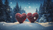 Christmas trees, snowing with a heart shape, in the style of, poignant, love and romance on Valentines day