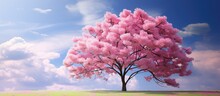Big Tree In The Park Pink Blossom Tree Green Grass With Yellow Tiny Flower Blue Sky White Cloud Spring Time. Copy Space Image. Place For Adding Text Or Design