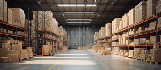 Poster - Big Retail Warehouse full of Shelves with Goods in Cardboard Boxes and Packages Logistics Sorting and Distribution Facility for further Product Delivery Semi Side View. Copy space image