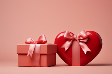 Canvas Print - Valentine's day gift wrapped present in red with red hearts on pink background. Pink bow and love hearts