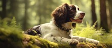 Beautiful Dog English Springer Spaniel On A Walk In The Forest. Copy Space Image. Place For Adding Text Or Design