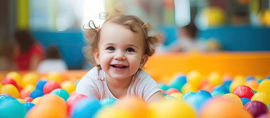 Wall Mural - Baby girl playing at indoor play center playground. Copy space image. Place for adding text or design