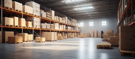 Poster - Big Retail Warehouse full of Shelves with Goods in Cardboard Boxes and Packages Logistics Sorting and Distribution Facility for further Product Delivery Semi Side View. Copy space image