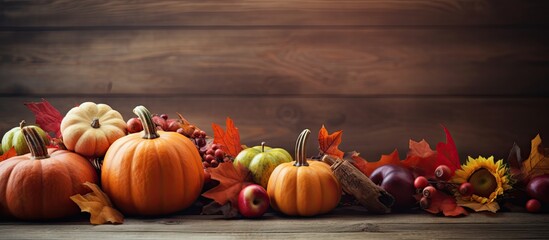 Wall Mural - Autumn nature concept Fall pumpkins and apples on wooden rustic table Thanksgiving dinner. Copy space image. Place for adding text or design