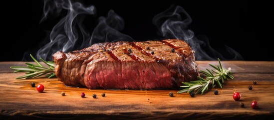 Canvas Print - Beef steak with rosemary on a wooden table. Copy space image. Place for adding text or design