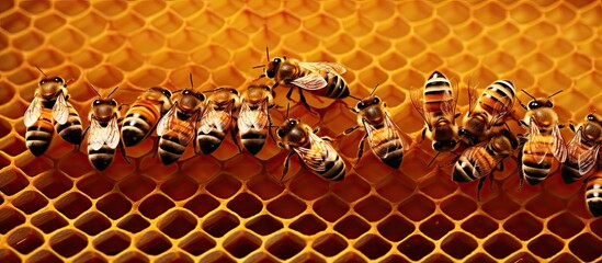 Wall Mural - Beekeeping close up of the cells of a frame partially filled with honey. Copy space image. Place for adding text or design