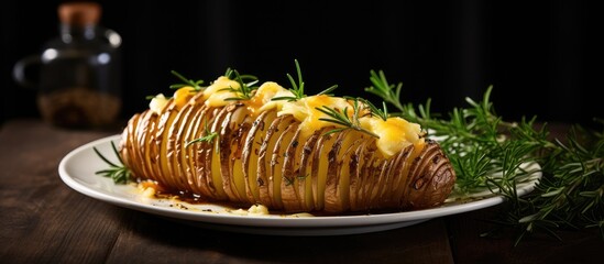 Sticker - baked hasselback potato with cheddar cheese and rosemary. Copy space image. Place for adding text or design