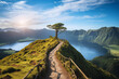  Mountain landscape with hiking trail and view of beautiful lakes Ponta Delgada, Sao Miguel Island, Azores, Portugal.