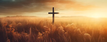 Ascension Day Concept. The Cross On Meadow Autumn Sunrise Background. 