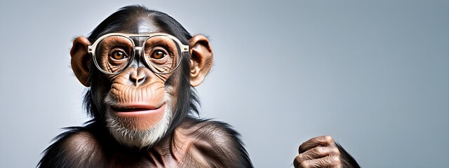 Wall Mural - Studio portrait of a chimpanzee wearing glasses on a simple and colorful background. Creative animal concept, chimpanzee on a uniform background for design and advertising.