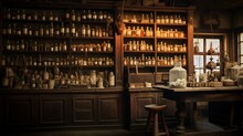 A Forgotten, Vintage Pharmacy With Faded Signage And Weathered Bottles Lining Dusty Shelves. The Soft Light Hints At Forgotten Remedies.