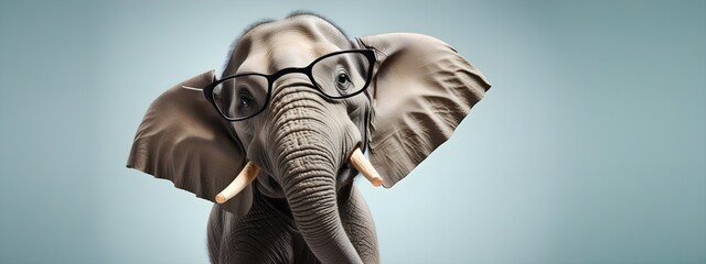 Wall Mural - Studio portrait of a elephant wearing glasses on a simple and colorful background. Creative animal concept, elephant on a uniform background for design and advertising.