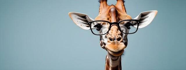 Wall Mural - Studio portrait of a giraffe wearing glasses on a simple and colorful background. Creative animal concept, giraffe on a uniform background for design and advertising.