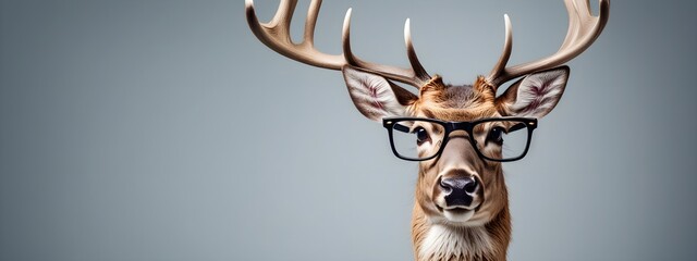 Wall Mural - Studio portrait of a deer wearing glasses on a simple and colorful background. Creative animal concept, deer on a uniform background for design and advertising.