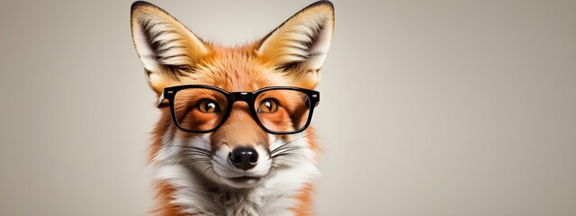 Wall Mural - Studio portrait of a fox wearing glasses on a simple and colorful background. Creative animal concept, fox on a uniform background for design and advertising.