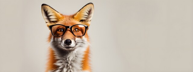 Wall Mural - Studio portrait of a fox wearing glasses on a simple and colorful background. Creative animal concept, fox on a uniform background for design and advertising.