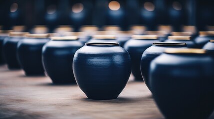 Canvas Print - A row of black vases with gold trim sitting on a table, AI