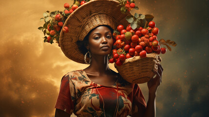 Poster - beautiful young african woman holding a basket with a bunch of berries