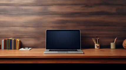 Poster - modern office workplace with laptop on wooden table