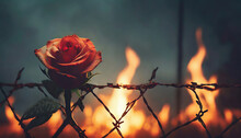 Rose Wrapped In Barbed Wire Fence And The Fire Burning Behind
