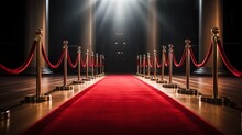 Red Carpet And Barriers Inside A Large Pillared Building.