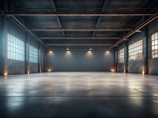 Wall Mural - Blank empty warehouse with glowing glowing lights in the corner