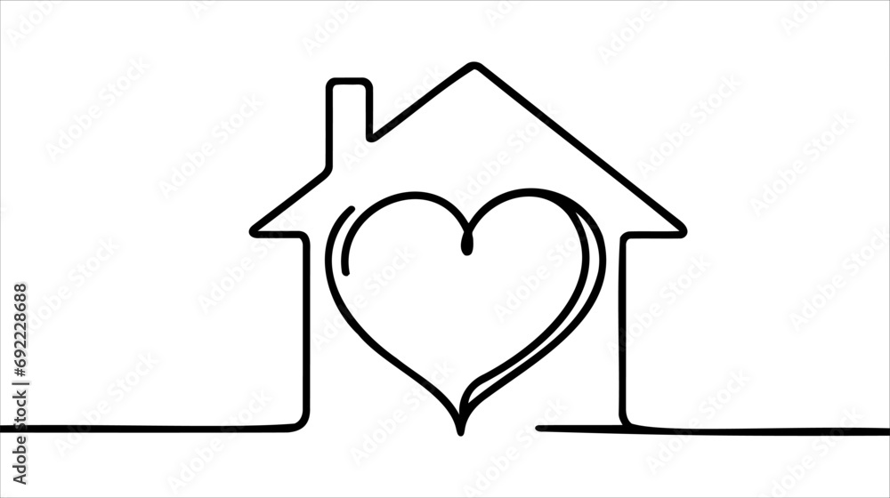 Home with heart line art drawing vector illustration. Continuous one ...
