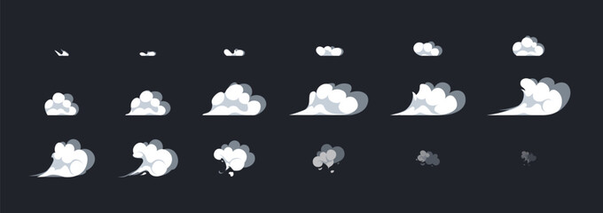 Smoke burst explosion animation frames. Sprites sheet for animating explosion effect, air flow or cloud. Design elements for game GUI. Cartoon flat vector illustration set isolated on dark background