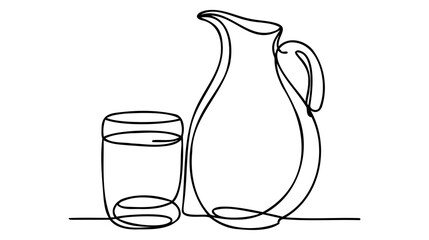 Wall Mural - Drawing a continuous line. Jug and glass on white isolated background. Linear style
