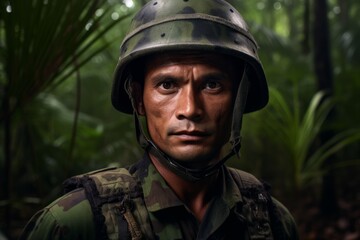 Portrait of a soldier in the jungle, wearing a military helmet