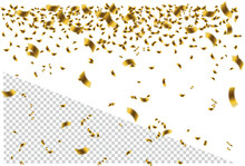 Falling shiny golden confetti isolated on transparent background. Bright festive tinsel of gold color.