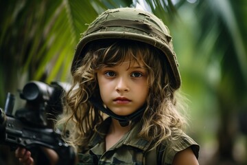 Sticker - Portrait of cute little girl in military uniform with gun in jungle