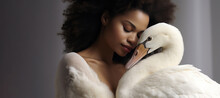 Female Portrait. Beautiful Young Curly Black Childfree Brunette Woman Hugs White Swan On Gray Background. Concept Of Caring For Pet, Bird, Forest Animal, Tenderness, Love, Friendship. Generative AI