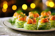 Small appetizer of salmon and cucumber at Christmas dinner on plate on holiday table. Concept of winter holiday, Happy New Year 2024, snacks, seafood, catering service, restaurant, cafe. Generative AI