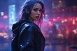 A young woman in a leather jacket stands in the rain, city lights bokeh, cyberpunk style
