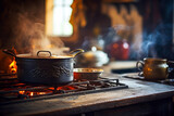 Fototapeta  - Rustic kitchen, cast iron stove emitting warm glow, simmering pot with savory aroma, vintage kettle on the burner, cozy atmosphere.